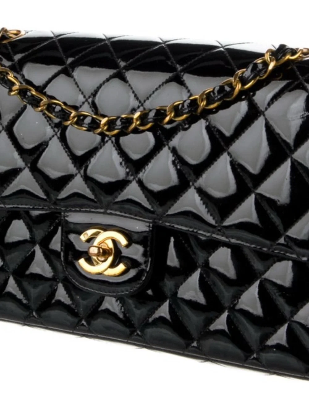 CHANEL Black Patent Quilted Double Flap Shoulder Bag with Gold Hardware